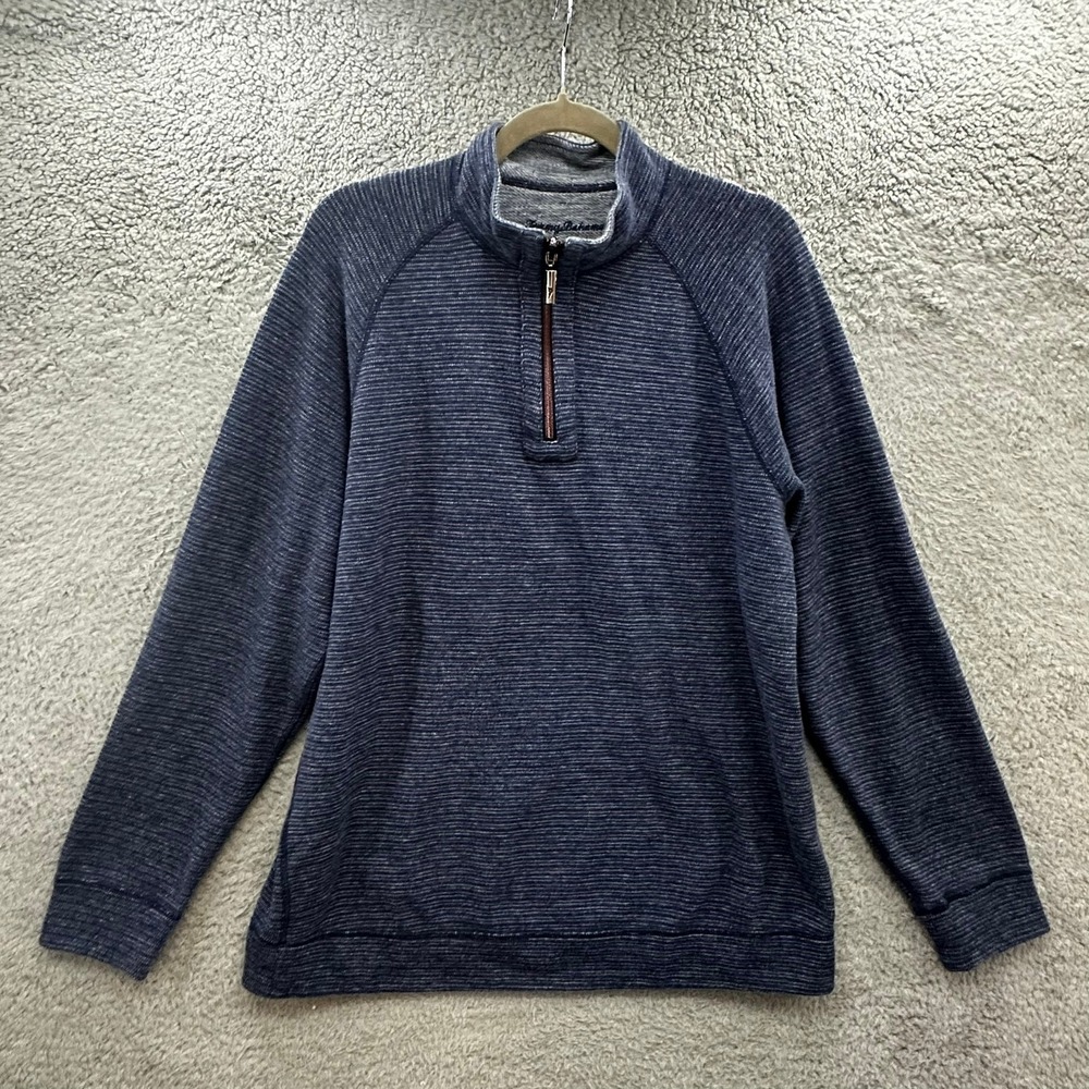 Tommy Bahama Men's XL Blue Reversible Quarter Zip Pullover Mock Neck Sweater